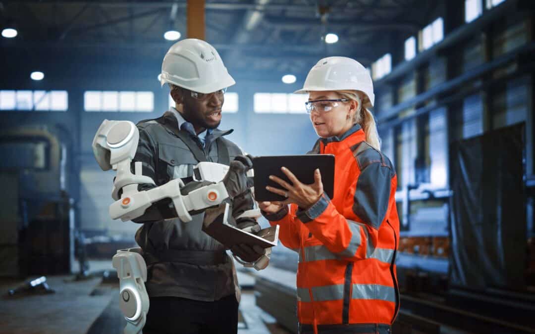Arbeitende in Fabrik mit Tablet